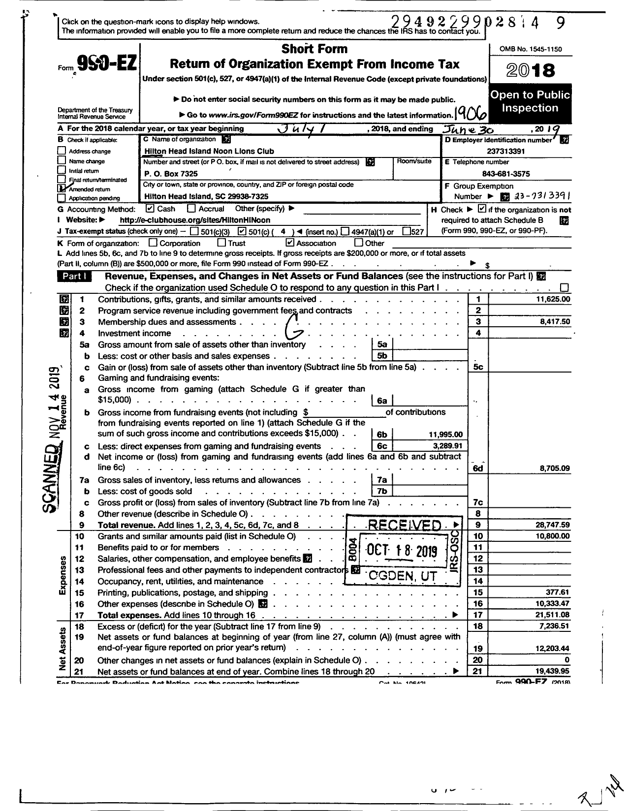 Image of first page of 2018 Form 990EO for Lions Clubs - 11839 Hilton Head Island