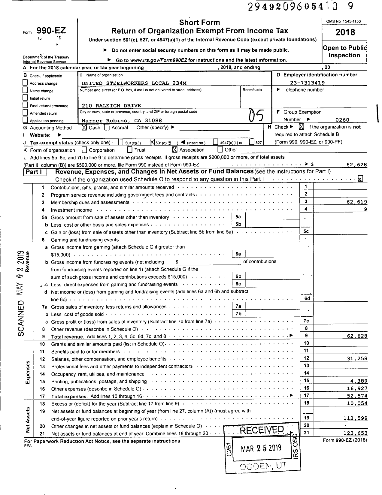 Image of first page of 2018 Form 990EO for United Steelworkers - 234M United Steelworkers Local