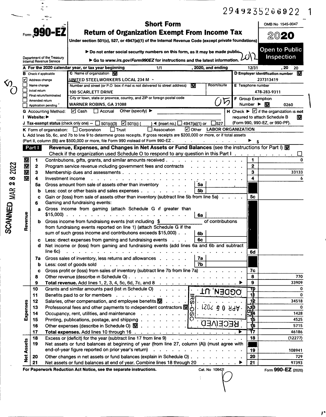 Image of first page of 2020 Form 990EO for United Steelworkers - 234M United Steelworkers Local