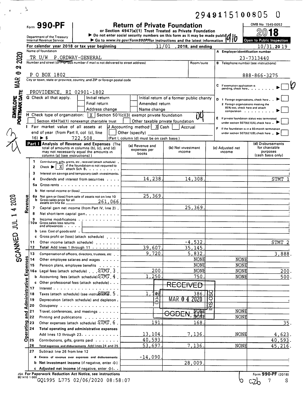 Image of first page of 2018 Form 990PR for TR Uw Pordway-General