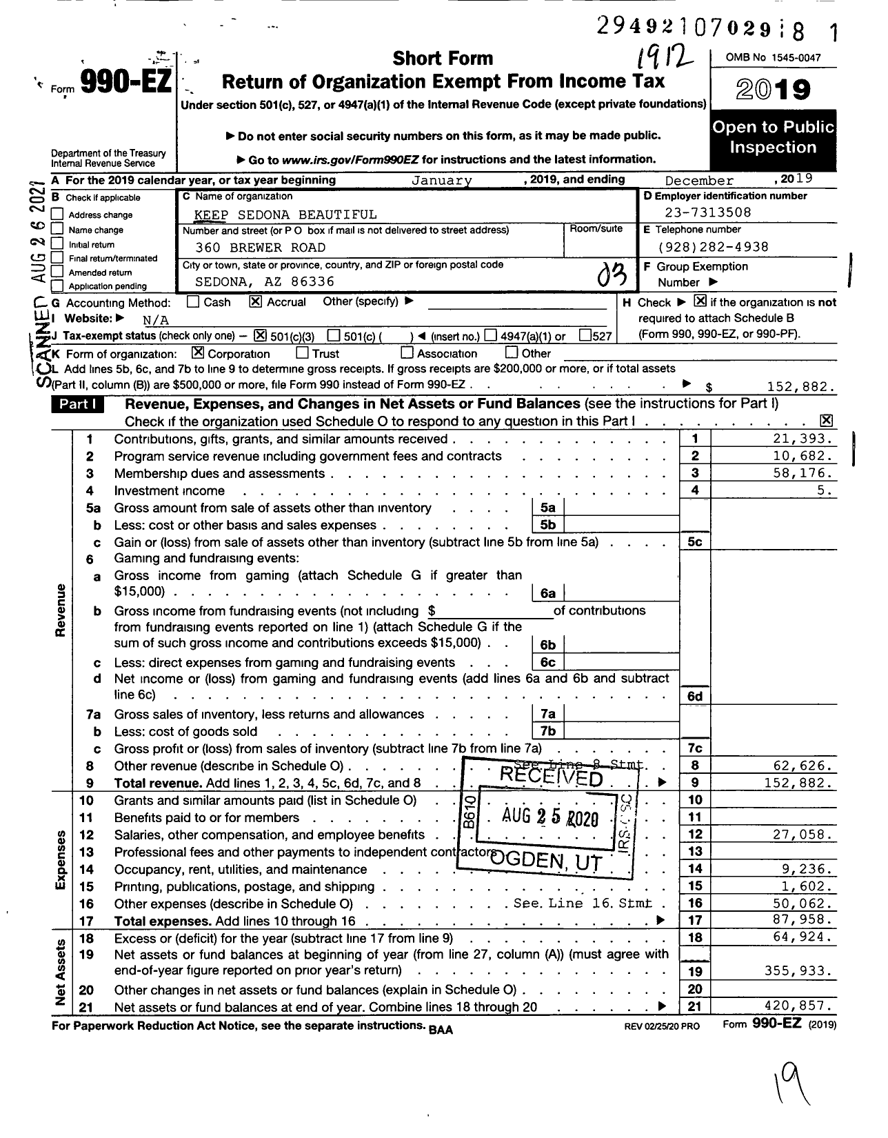 Image of first page of 2019 Form 990EZ for Keep Sedona Beautiful