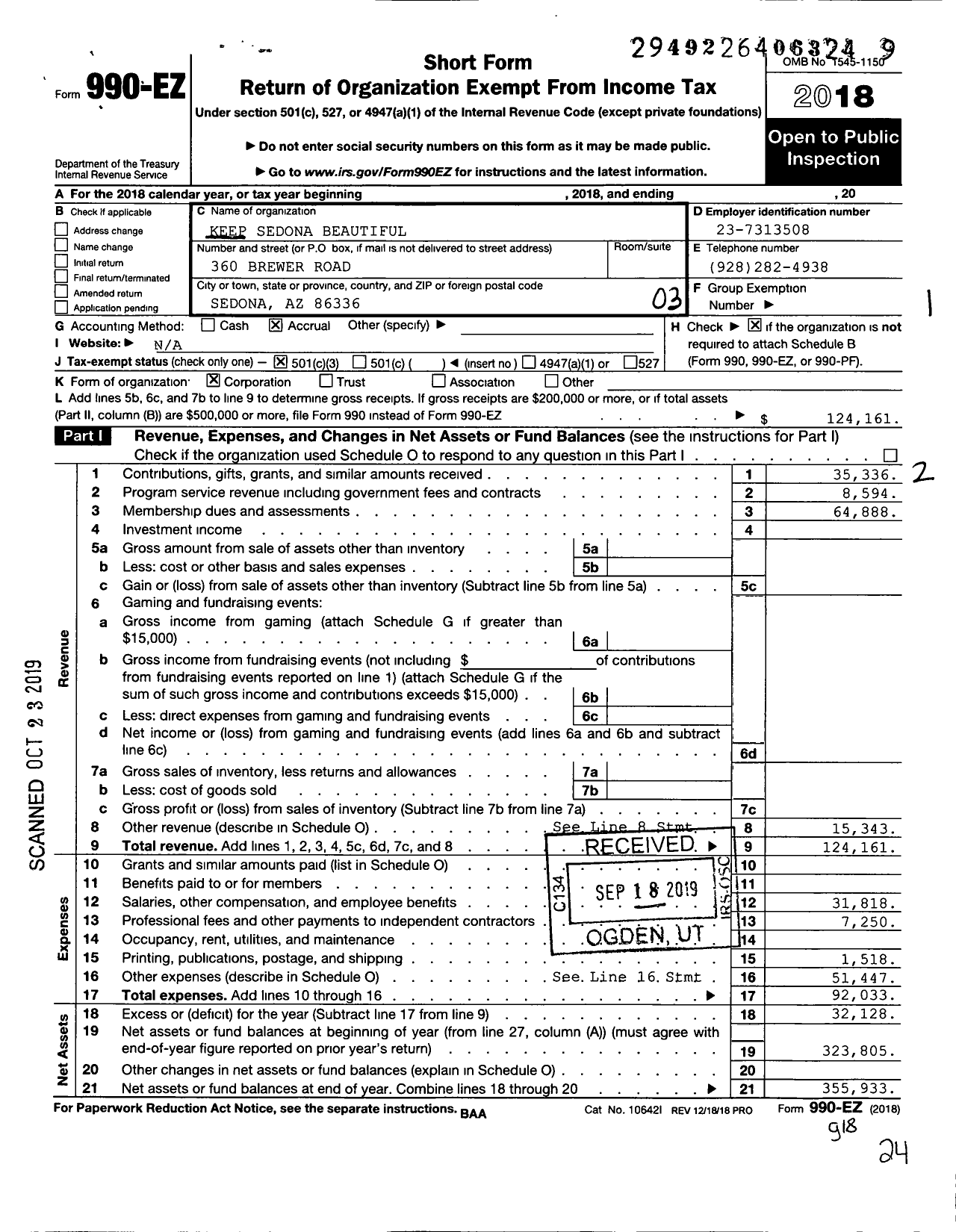 Image of first page of 2018 Form 990EZ for Keep Sedona Beautiful