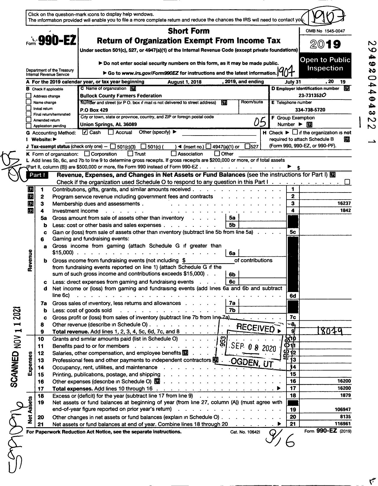 Image of first page of 2018 Form 990EO for Bullock County Farmers Federation