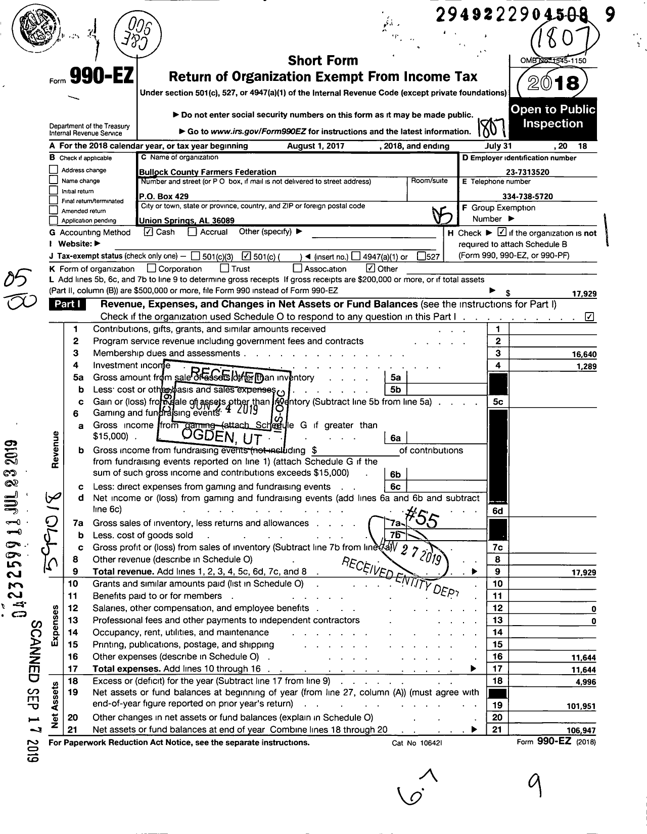 Image of first page of 2017 Form 990EO for Bullock County Farmers Federation