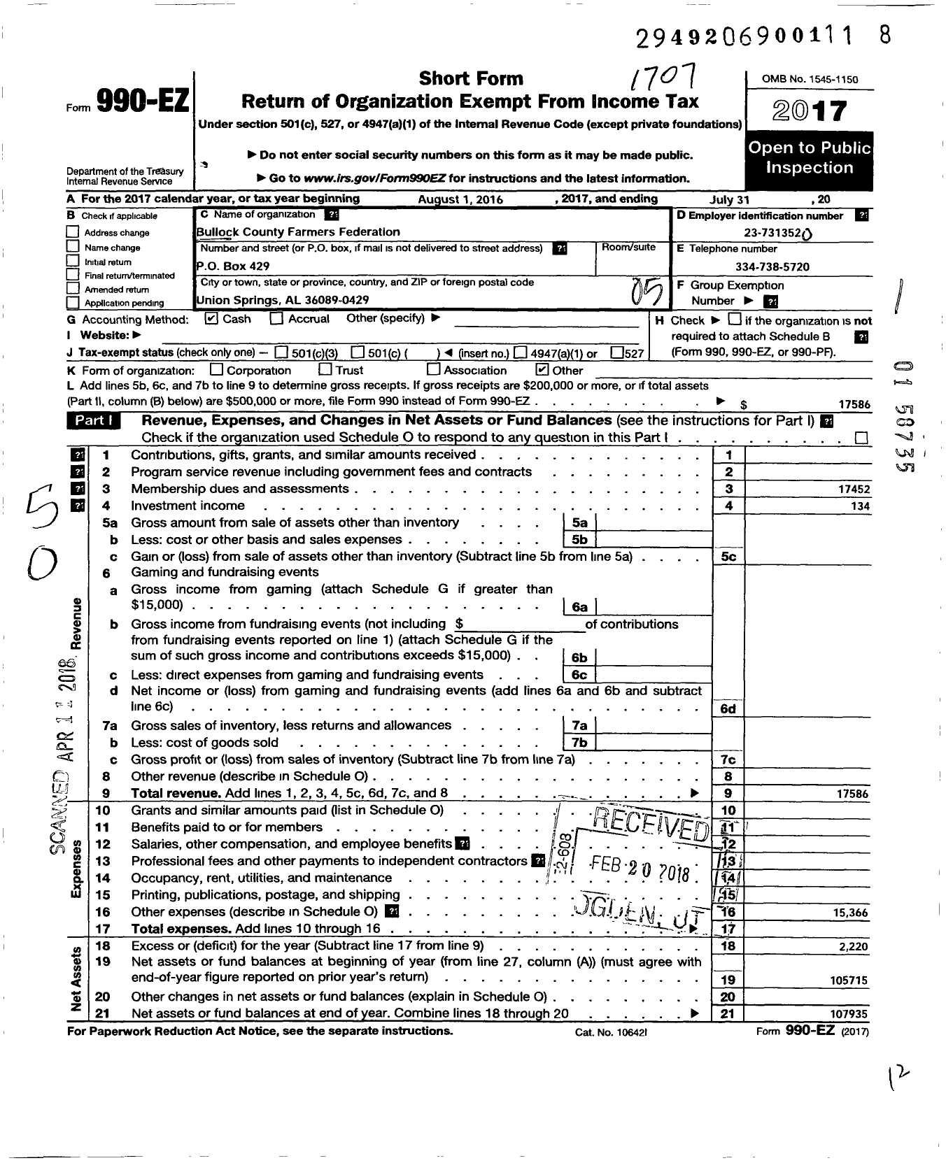 Image of first page of 2016 Form 990EO for Bullock County Farmers Federation