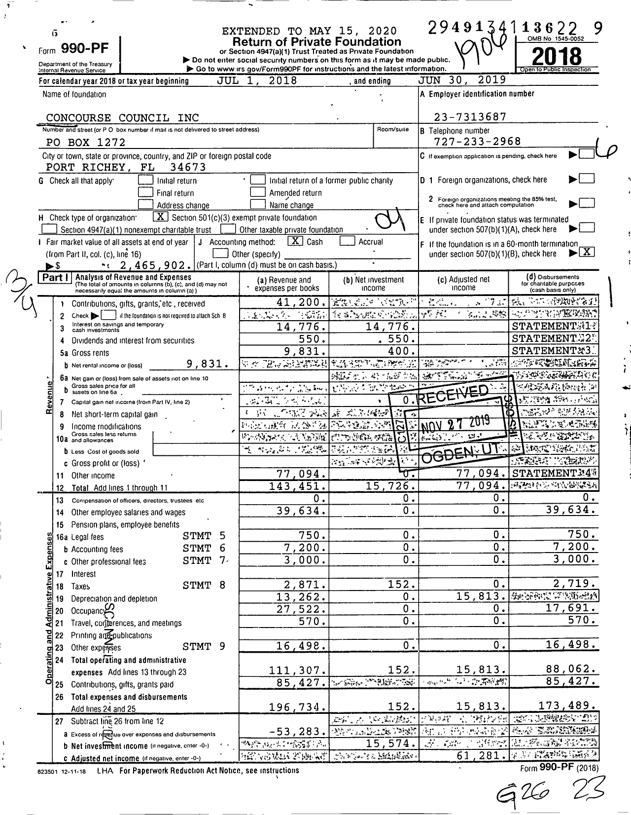 Image of first page of 2018 Form 990PF for Concourse Council