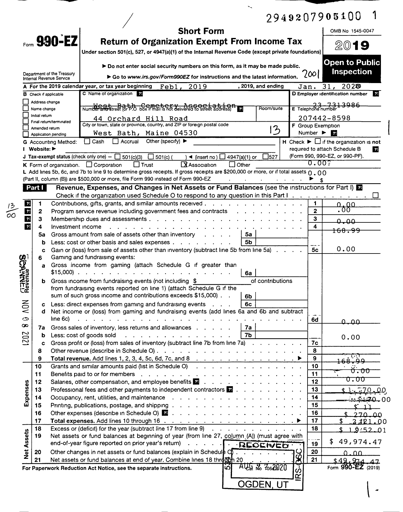 Image of first page of 2019 Form 990EO for West Bath Cemetery Association