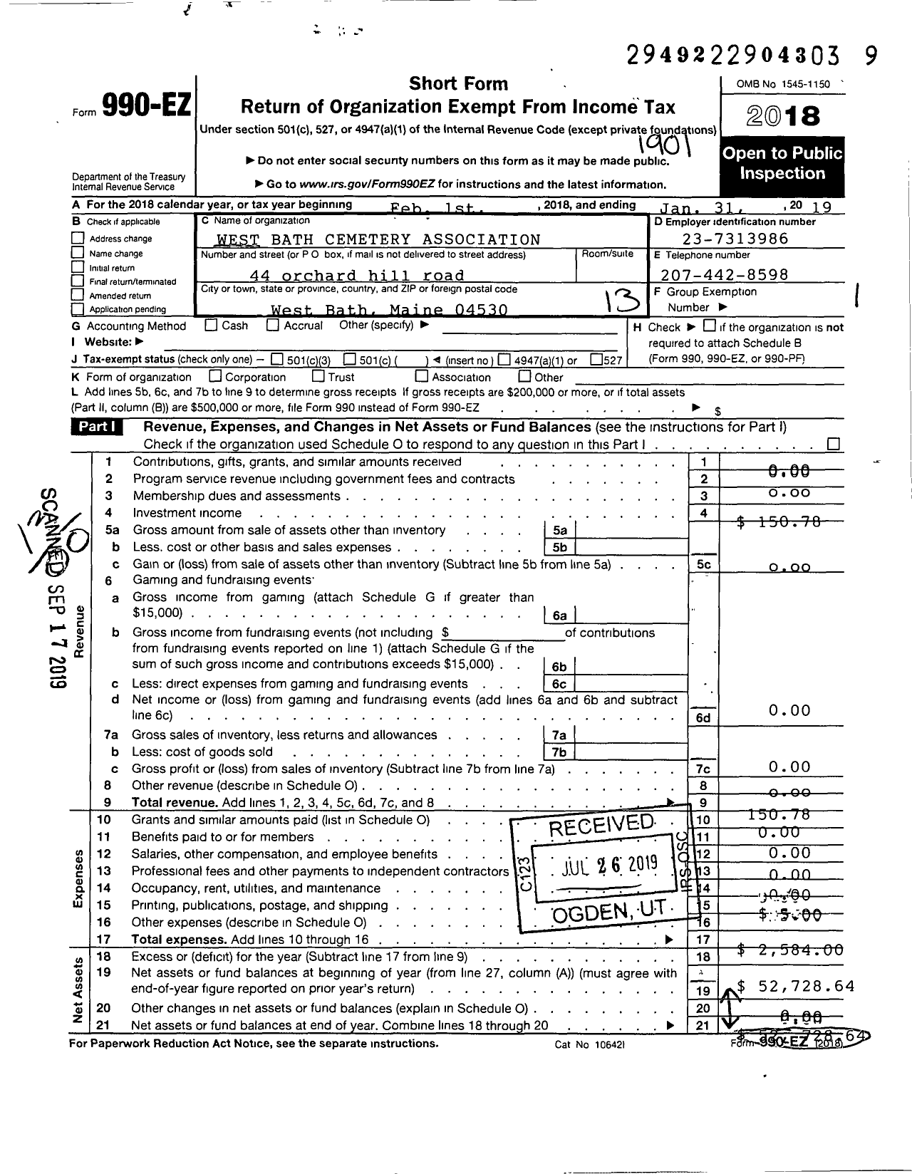 Image of first page of 2018 Form 990EO for West Bath Cemetery Association