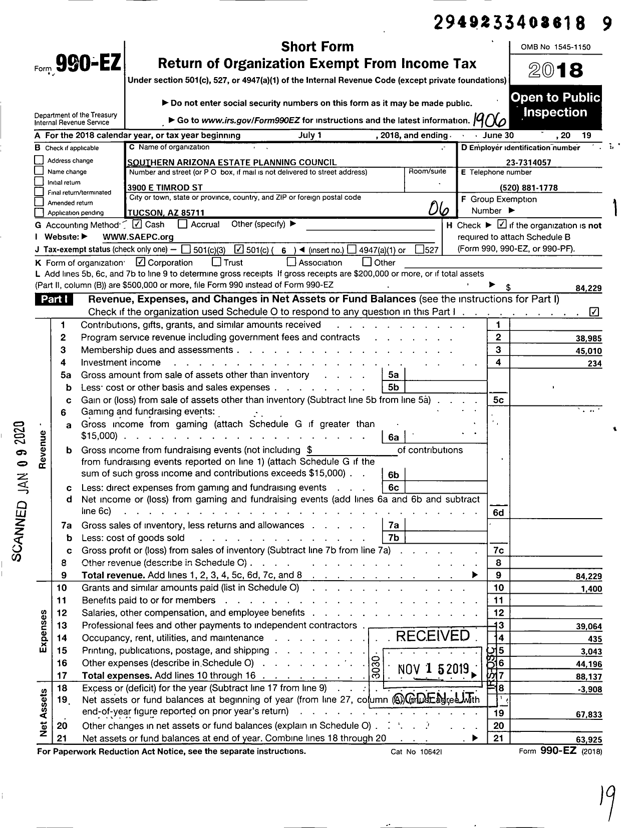 Image of first page of 2018 Form 990EO for Southern Arizona Estate Planning Council