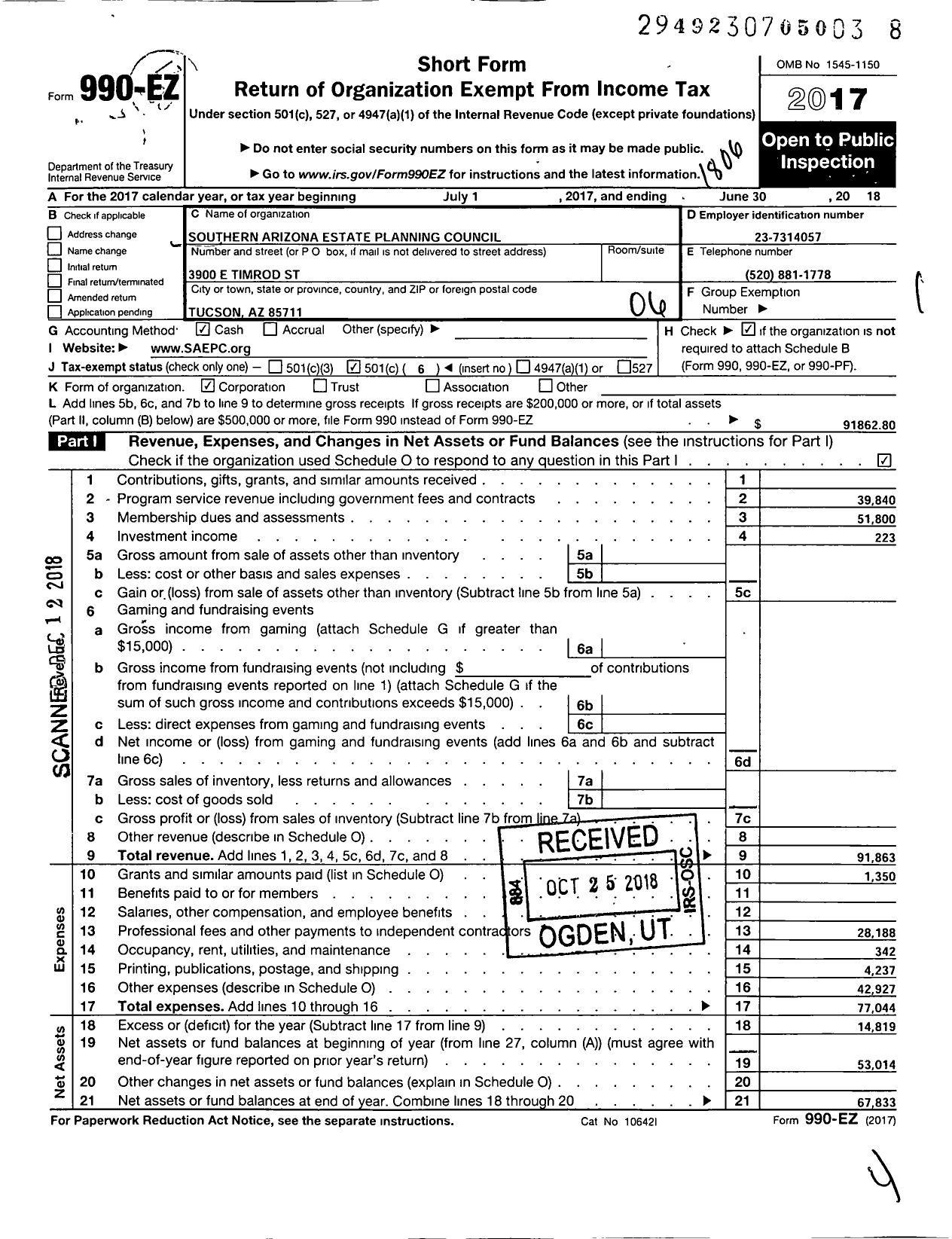 Image of first page of 2017 Form 990EO for Southern Arizona Estate Planning Council