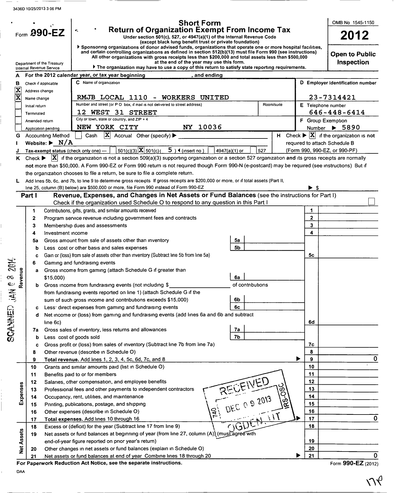 Image of first page of 2012 Form 990EO for Workers United - 1110 Local