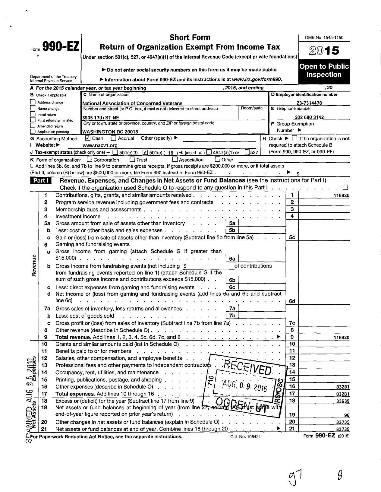 Image of first page of 2015 Form 990EO for National Association of Concerned Veterans