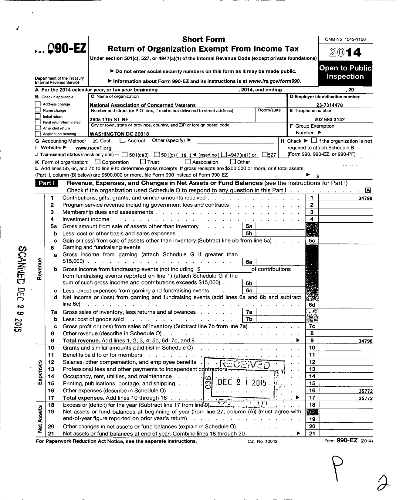 Image of first page of 2014 Form 990EO for National Association of Concerned Veterans