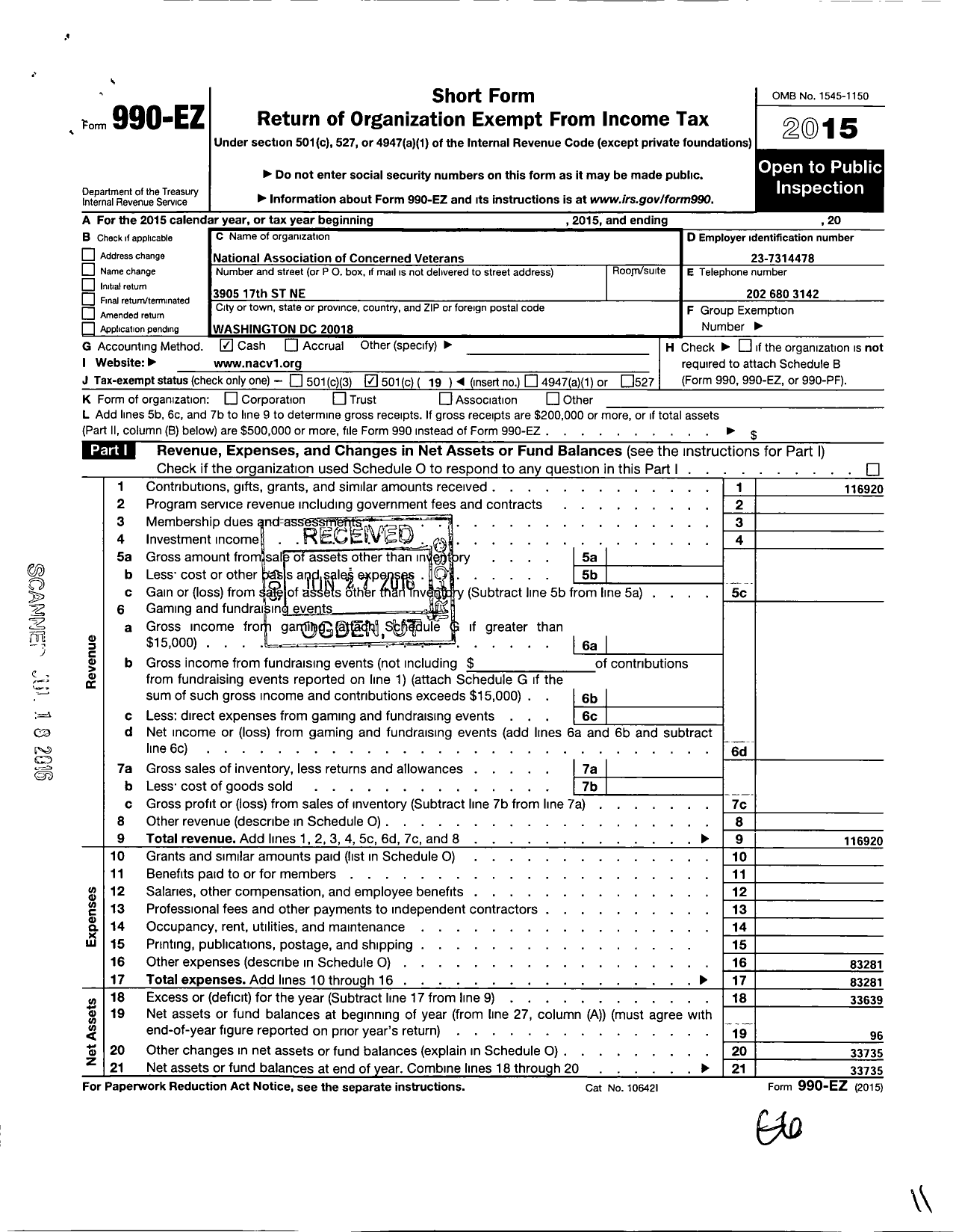 Image of first page of 2015 Form 990EO for National Association of Concerned Veterans