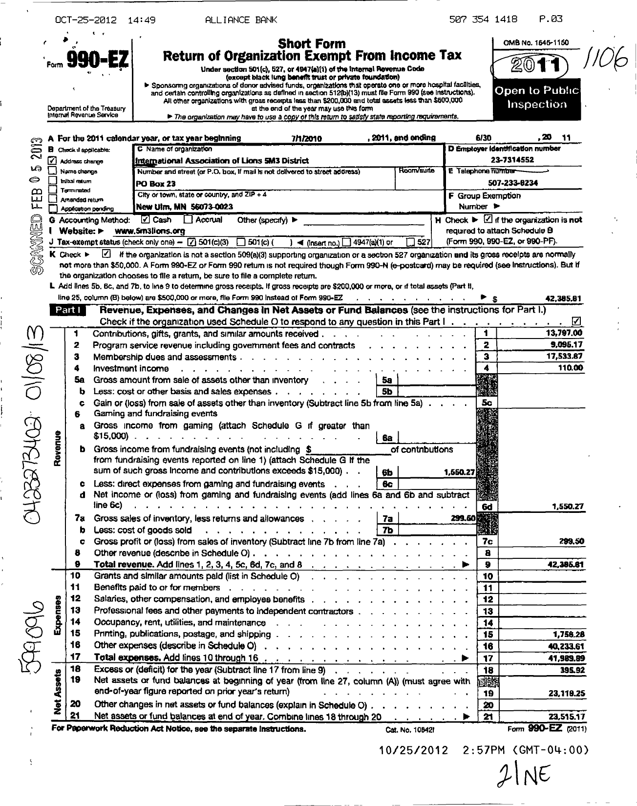 Image of first page of 2010 Form 990EZ for Lions Clubs - 65584 5M 3 District