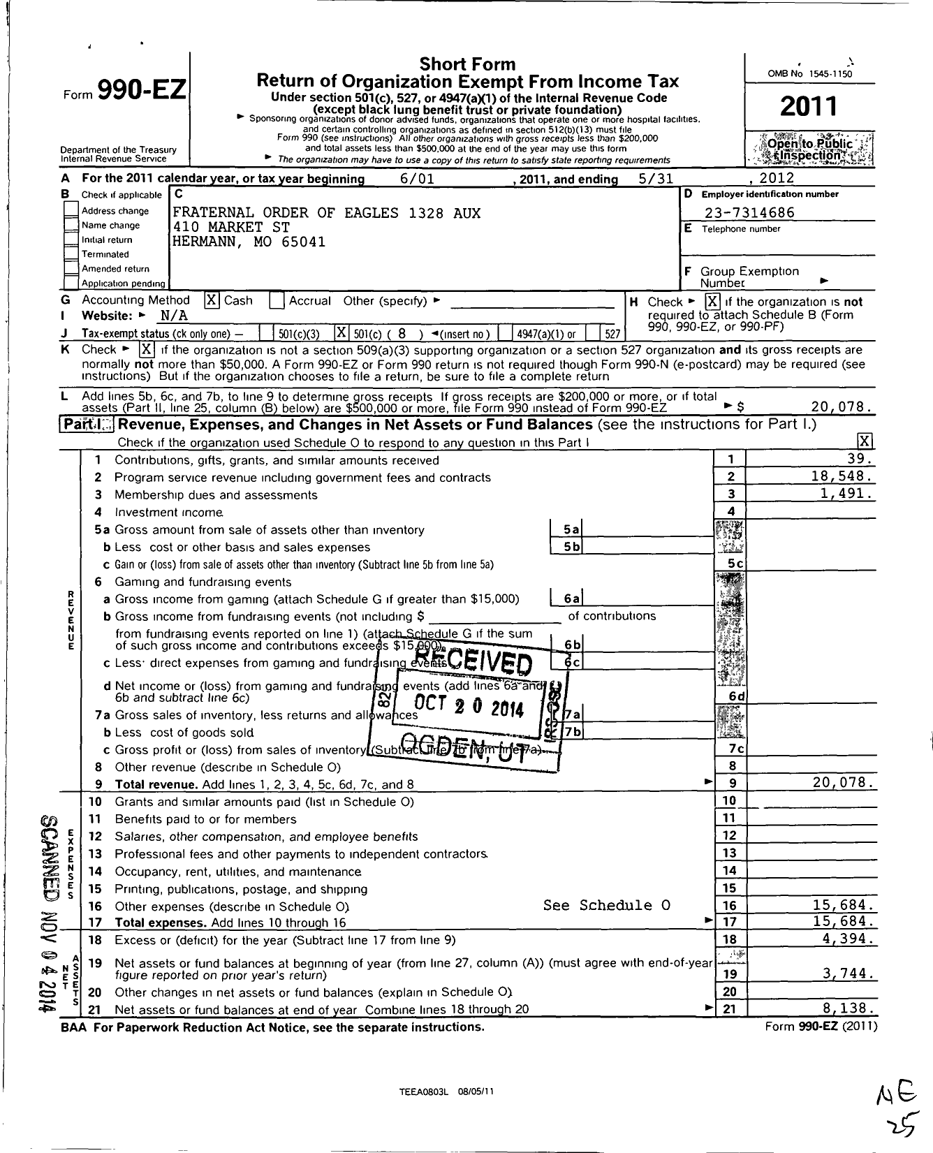 Image of first page of 2011 Form 990EO for Fraternal Order of Eagles - 1328 Aux