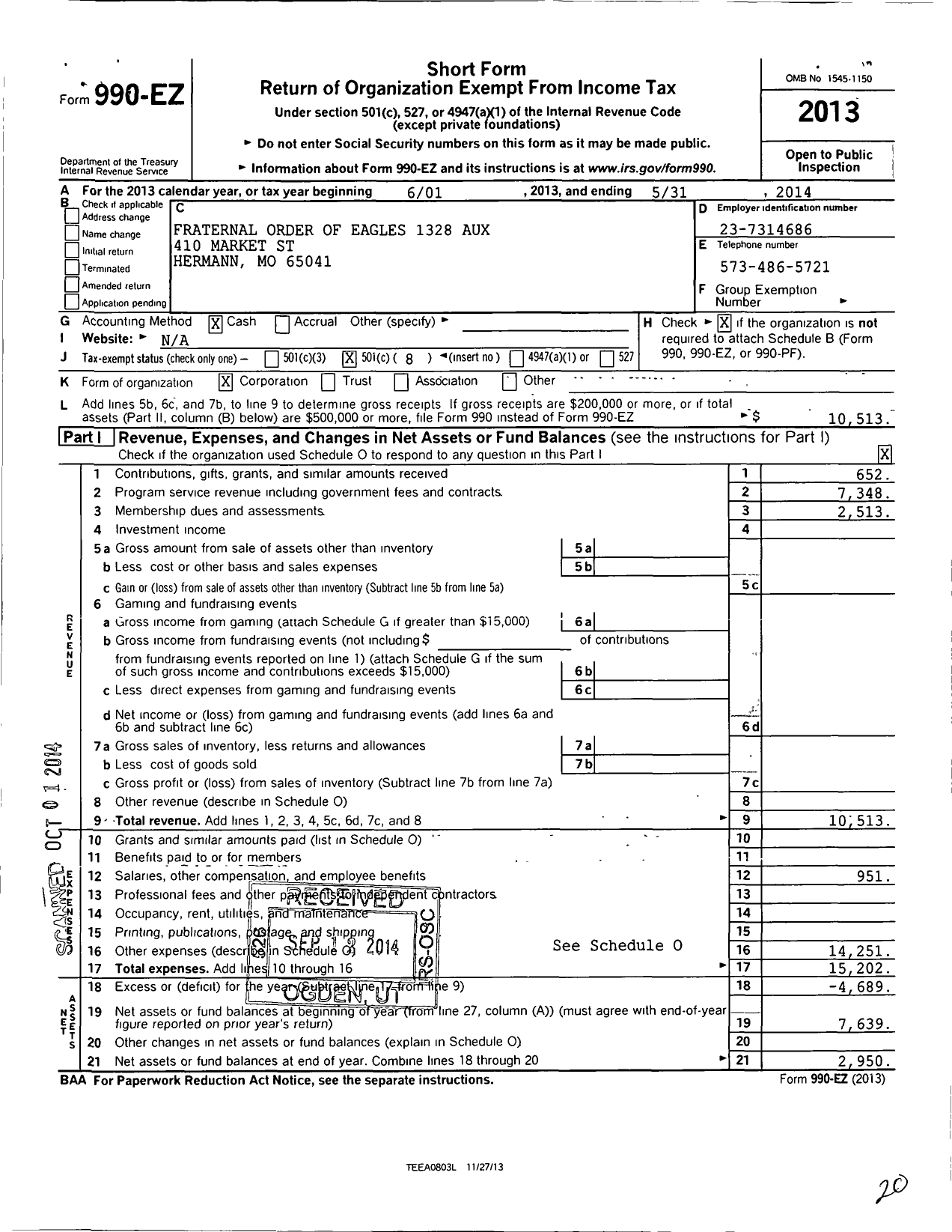 Image of first page of 2013 Form 990EO for Fraternal Order of Eagles - 1328 Aux