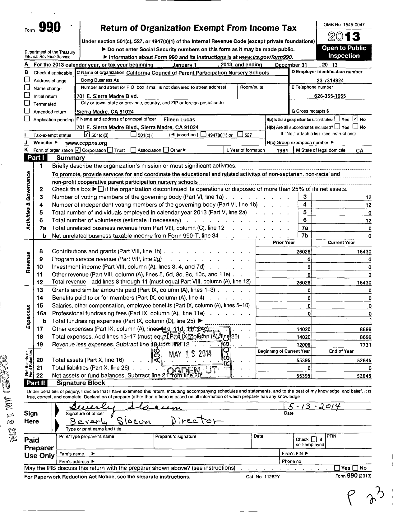 Image of first page of 2013 Form 990 for California Council of Parent Participation Nursery Schools