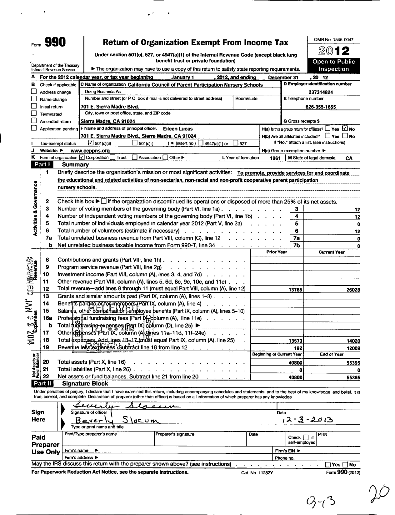 Image of first page of 2012 Form 990 for California Council of Parent Participation Nursery Schools