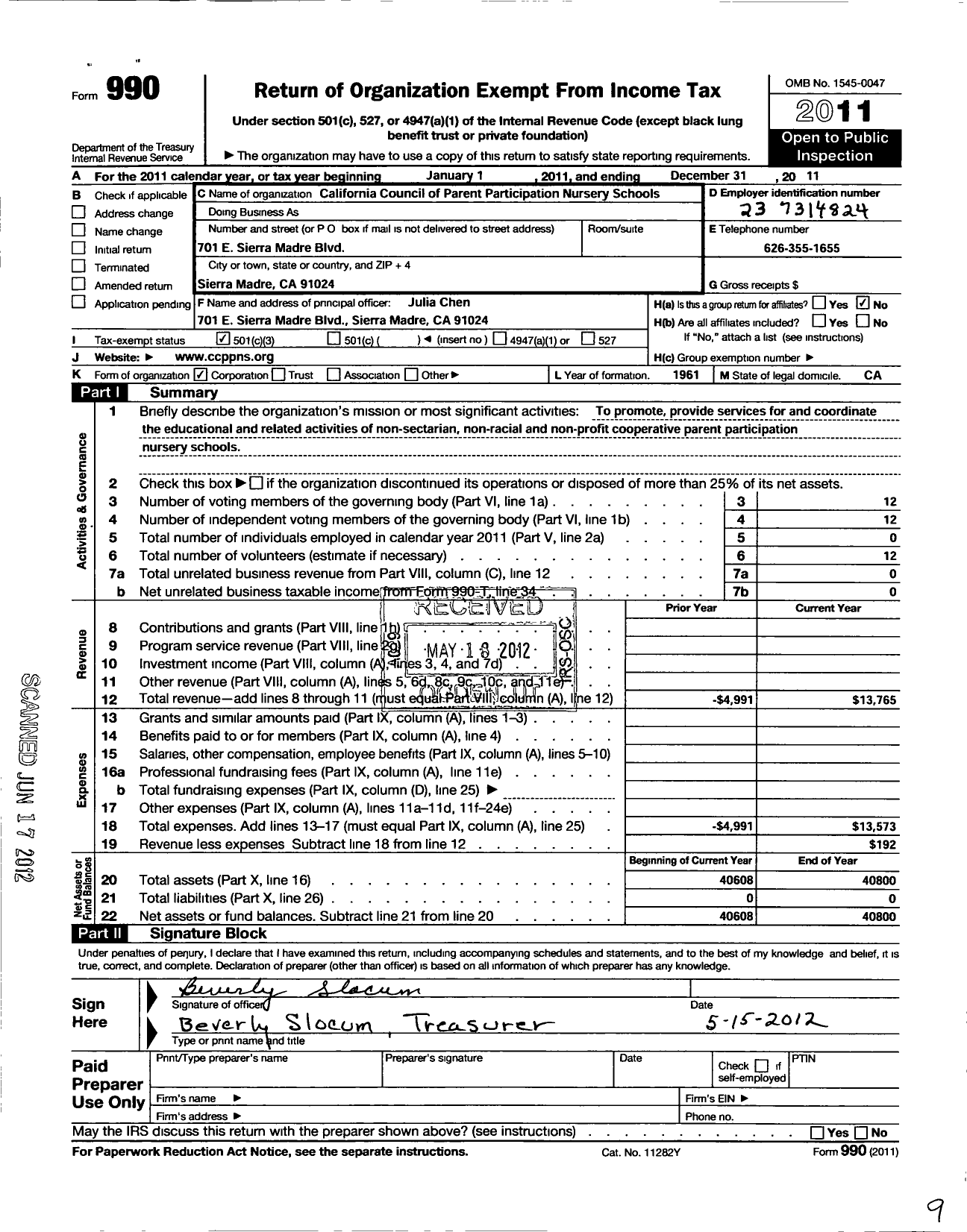 Image of first page of 2011 Form 990 for California Council of Parent Participation Nursery Schools