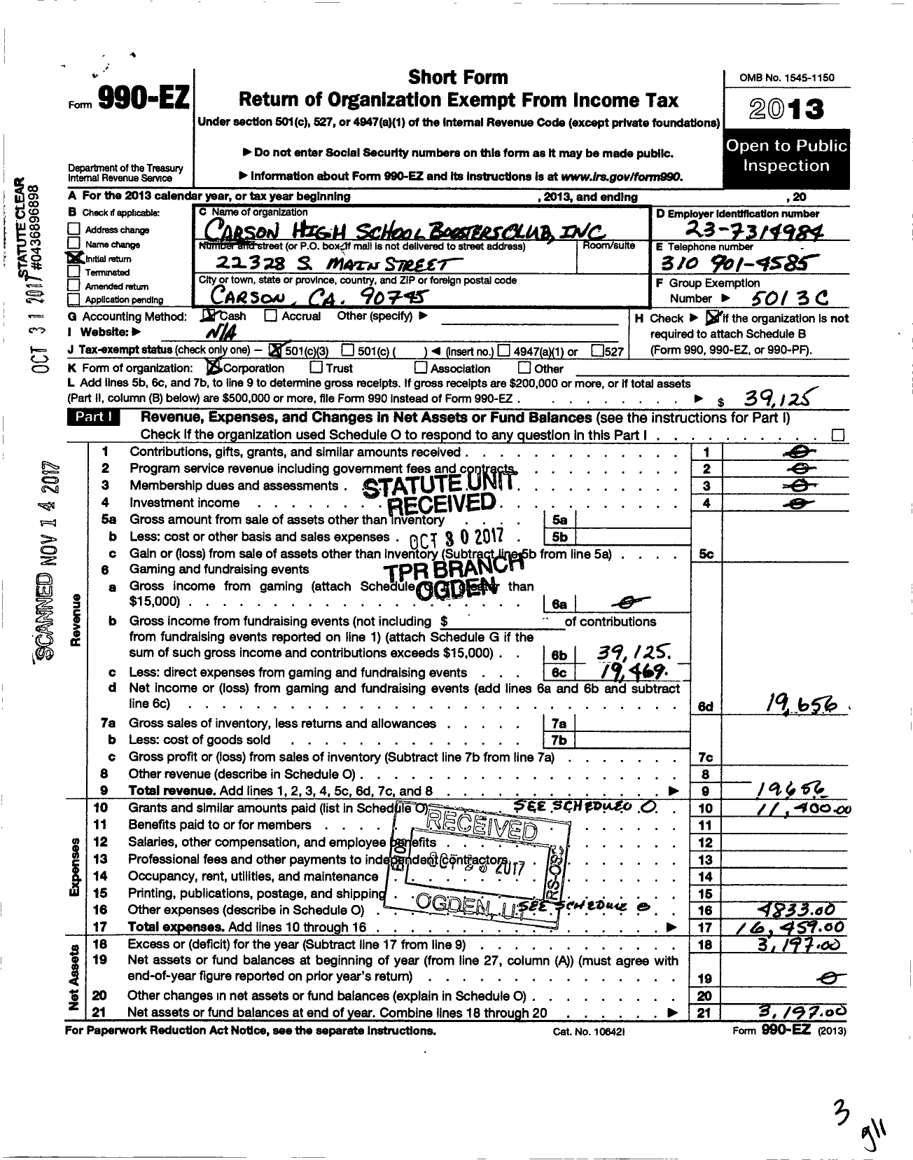 Image of first page of 2013 Form 990EZ for Carson High Boosters Club