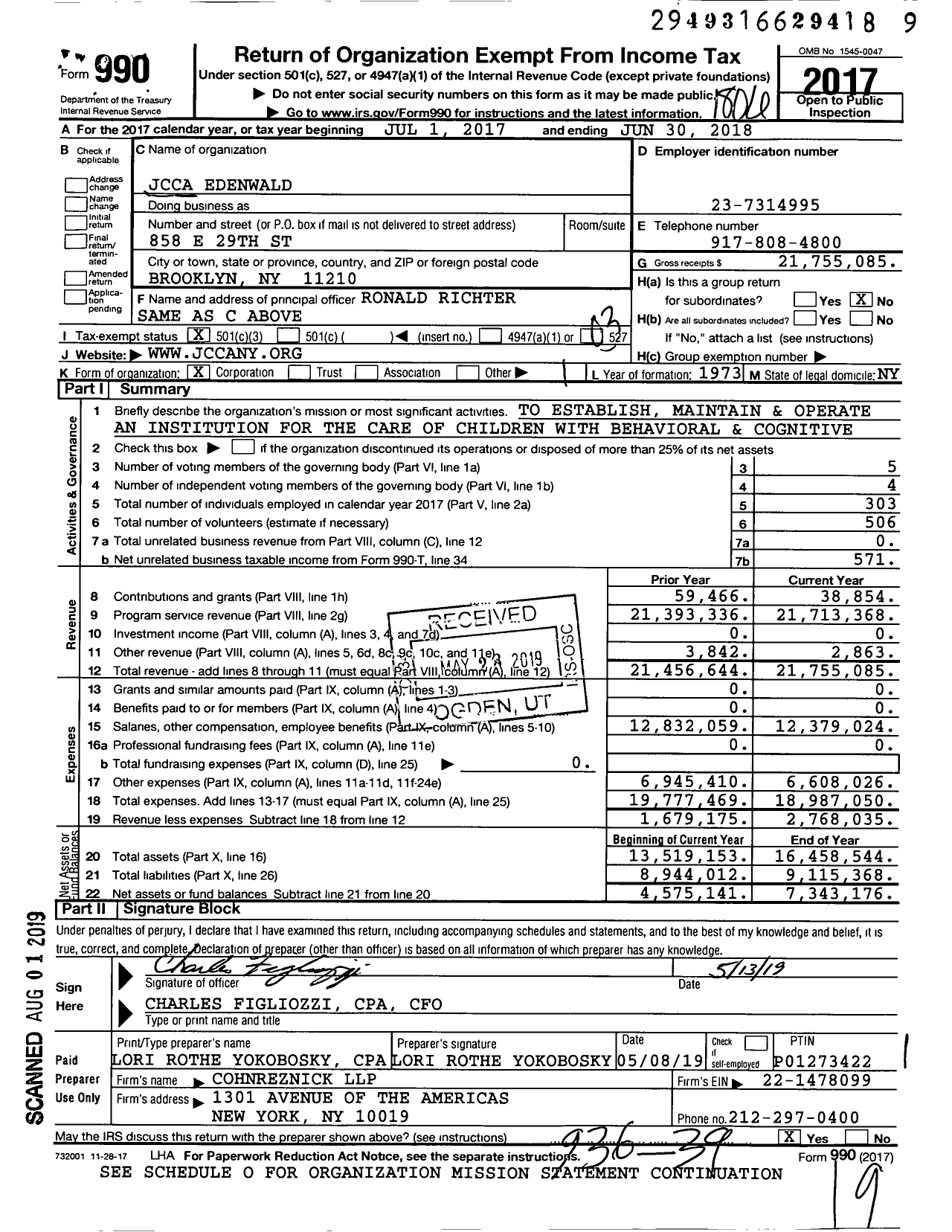 Image of first page of 2017 Form 990 for Jcca Edenwald