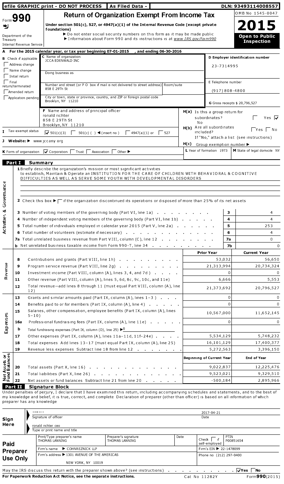 Image of first page of 2015 Form 990 for Jcca Edenwald