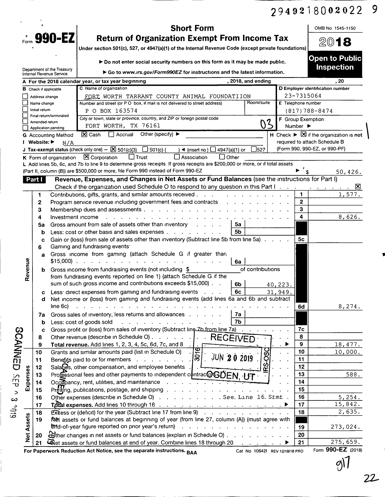 Image of first page of 2018 Form 990EZ for Fort Worth Tarrant County Animal Foundation