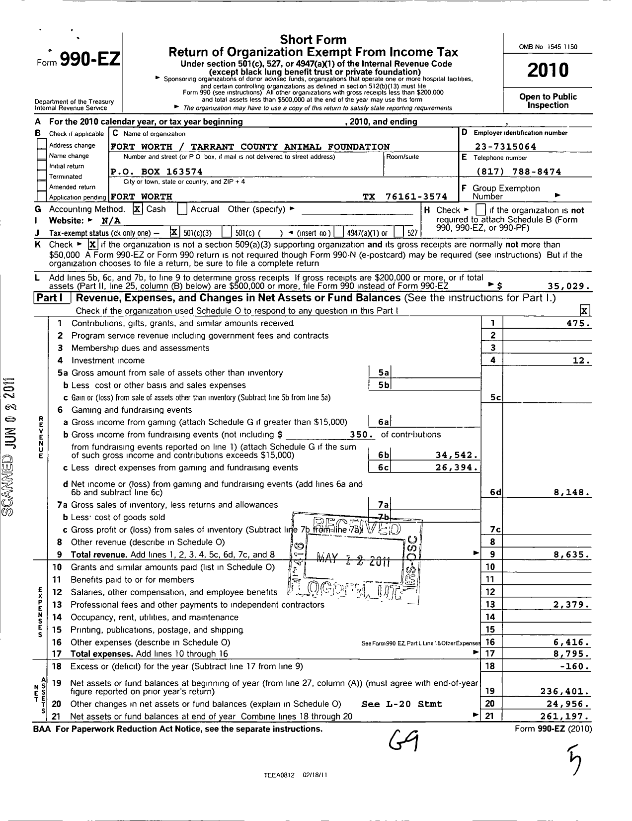 Image of first page of 2010 Form 990EZ for Fort Worth Tarrant County Animal Foundation