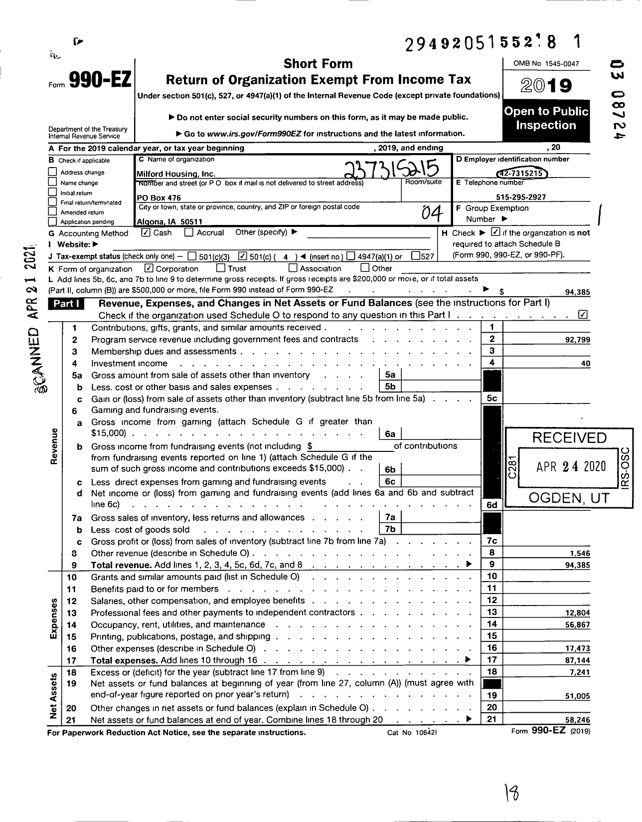 Image of first page of 2019 Form 990EO for Milford Housing