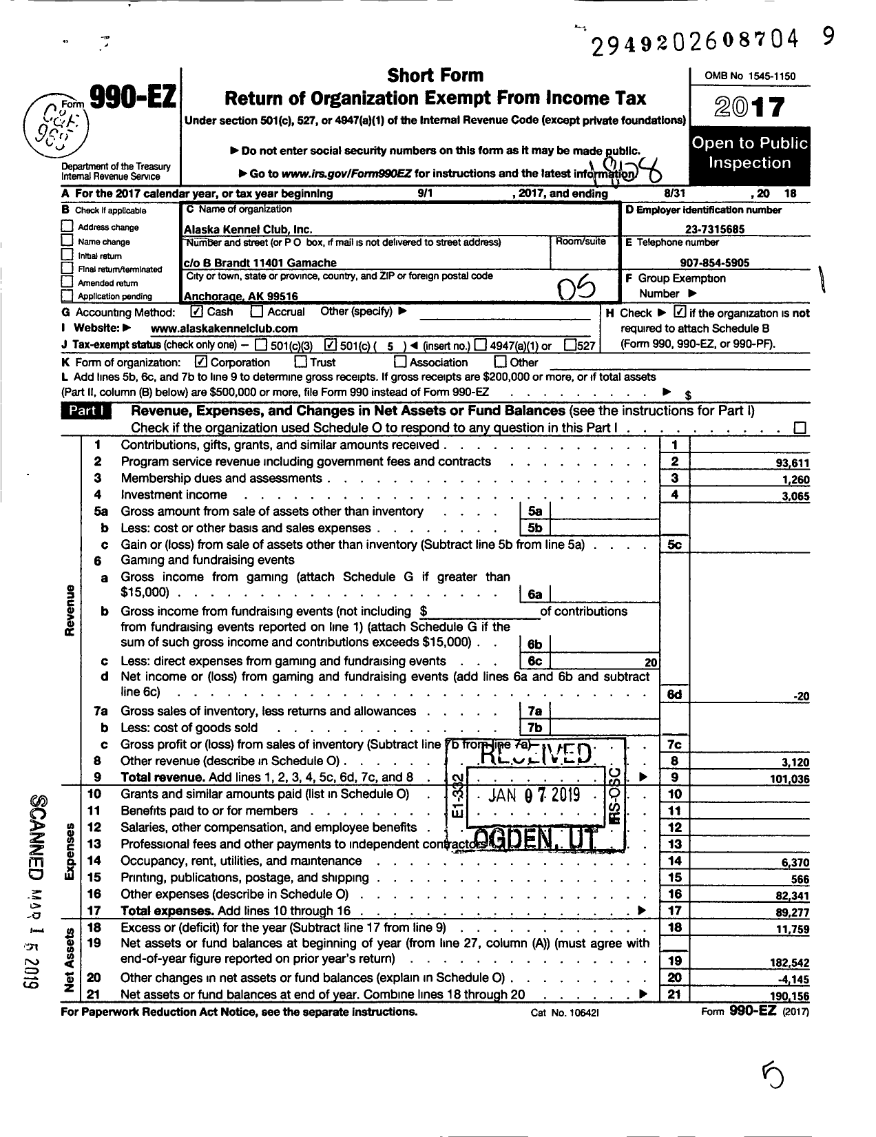 Image of first page of 2017 Form 990EO for Alaska Kennel Club