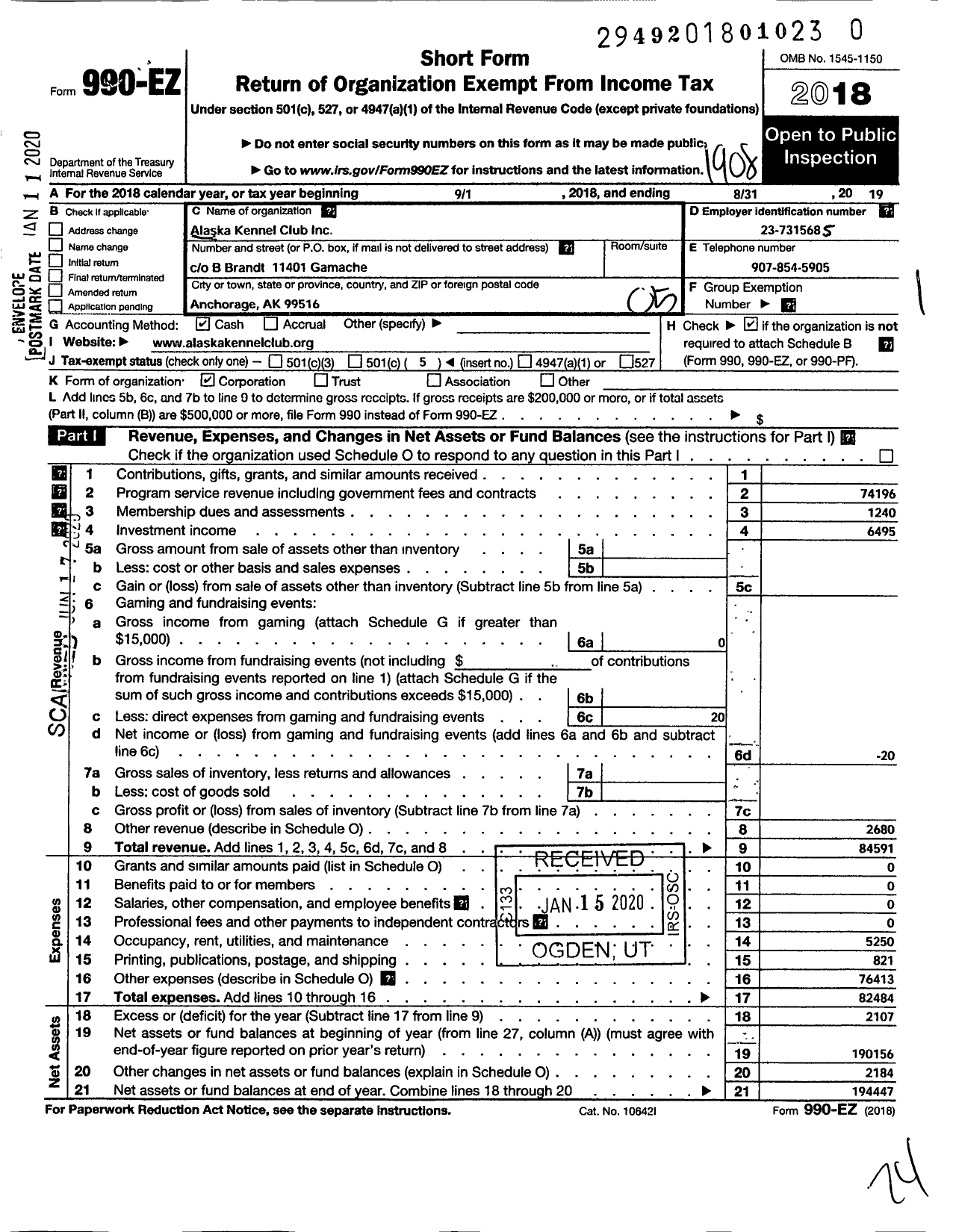 Image of first page of 2018 Form 990EO for Alaska Kennel Club