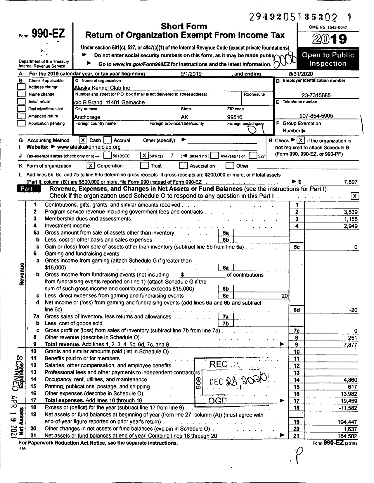 Image of first page of 2019 Form 990EO for Alaska Kennel Club