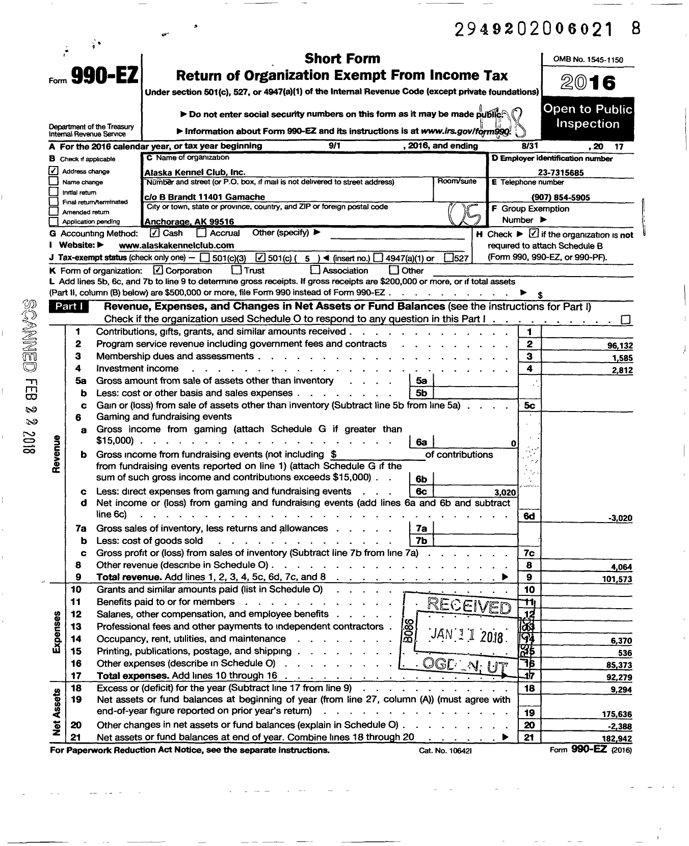 Image of first page of 2016 Form 990EO for Alaska Kennel Club