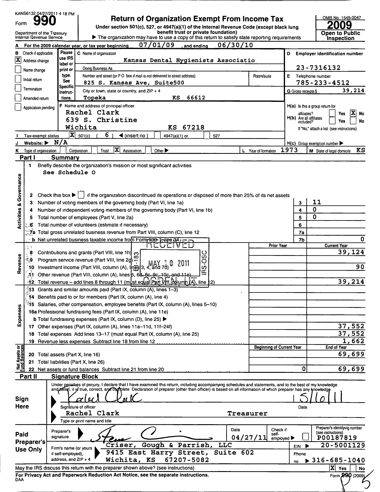 Image of first page of 2009 Form 990O for Kansas Dental Hygienists Association