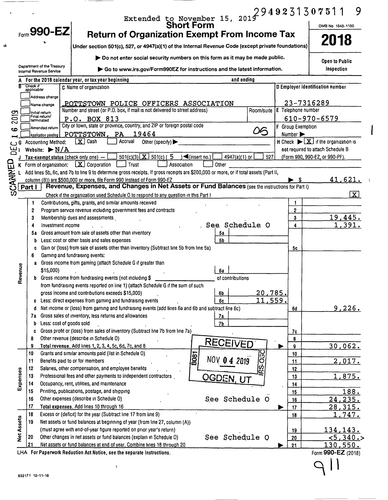 Image of first page of 2018 Form 990EO for Pottstown Police Officers Association