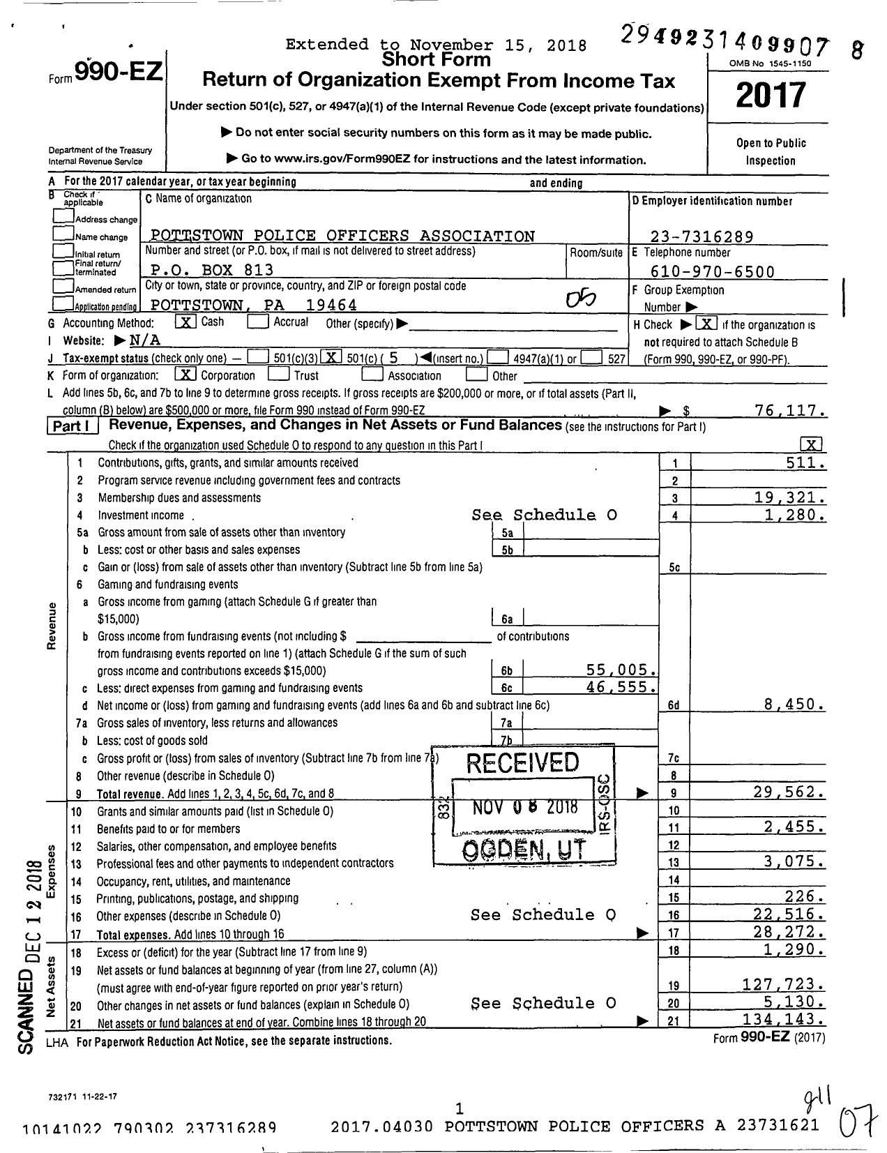 Image of first page of 2017 Form 990EO for Pottstown Police Officers Association