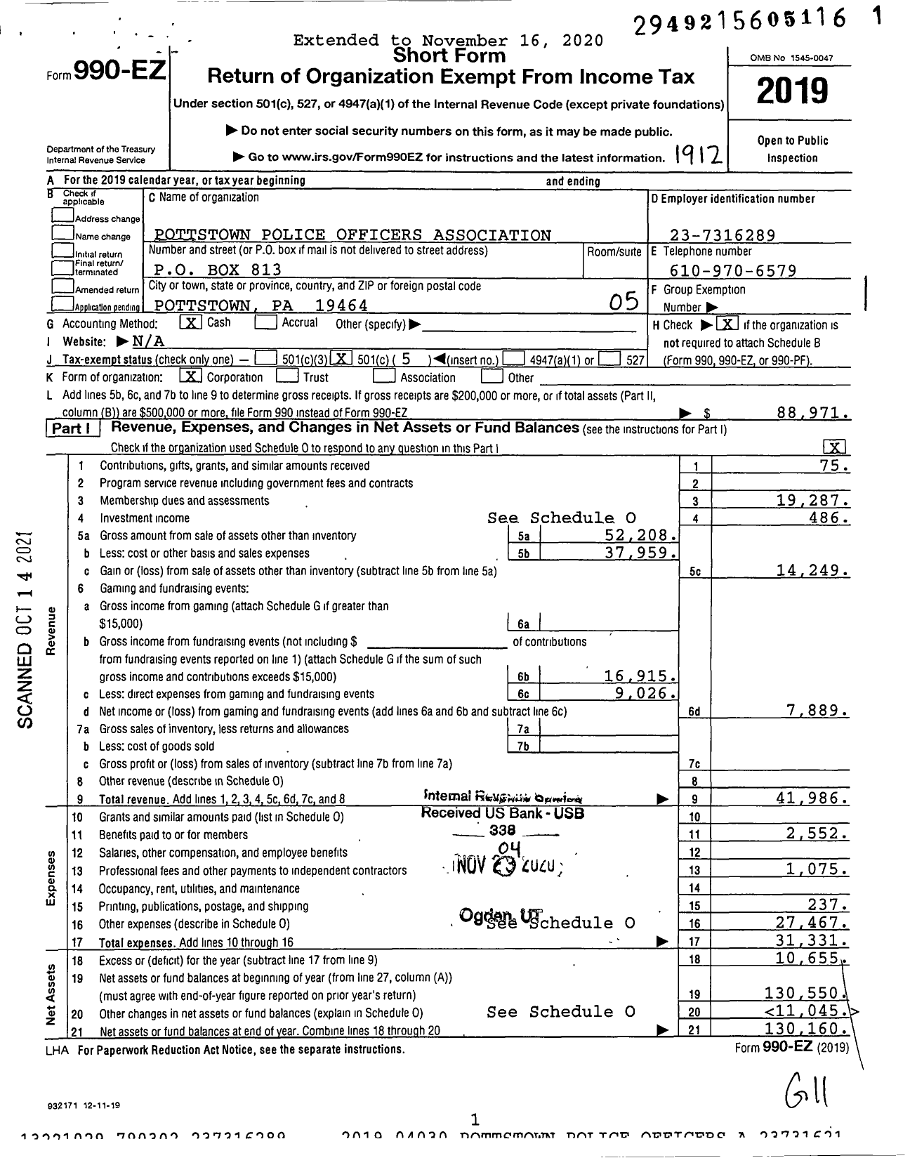 Image of first page of 2019 Form 990EO for Pottstown Police Officers Association