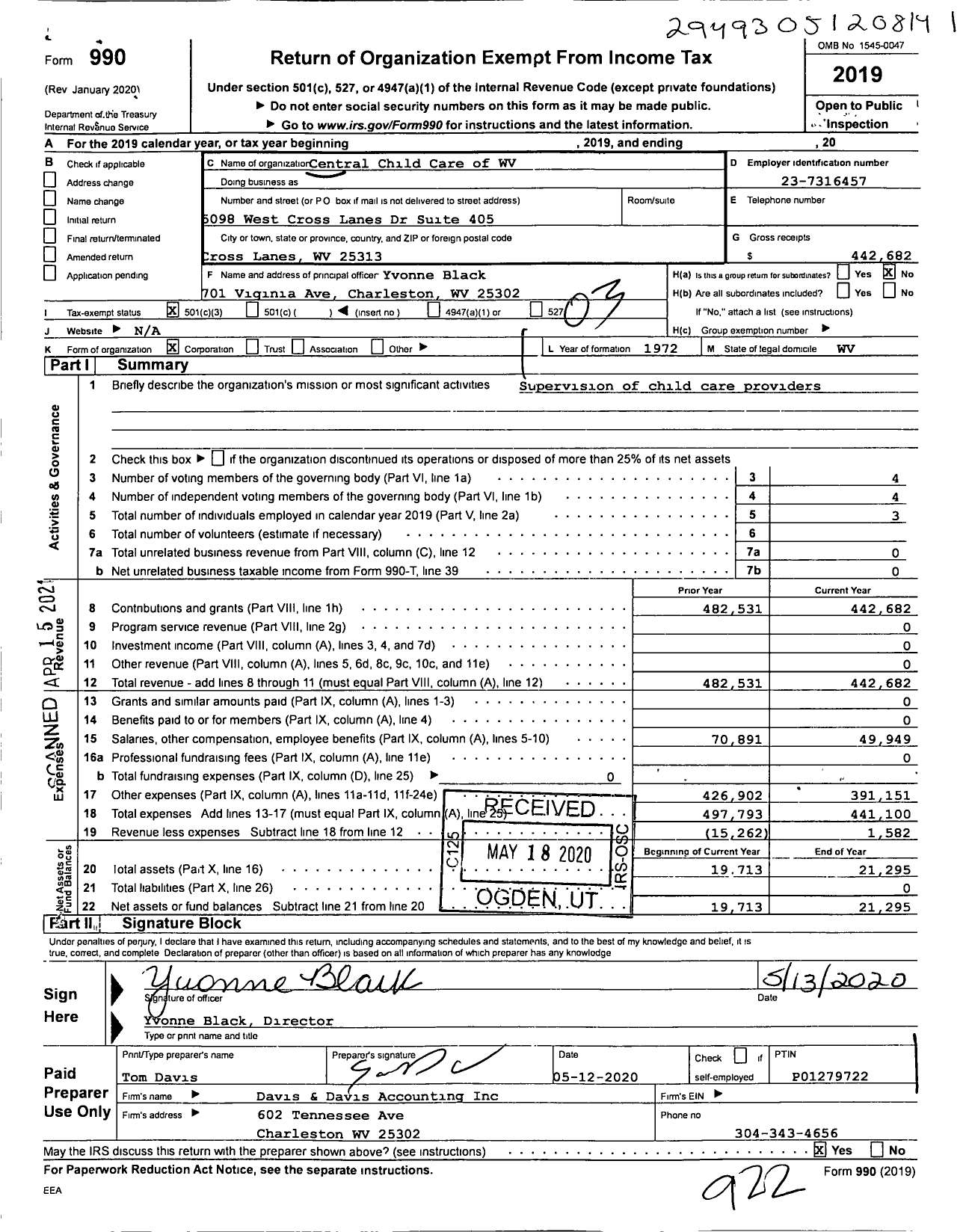 Image of first page of 2019 Form 990 for Central Child Care of WV