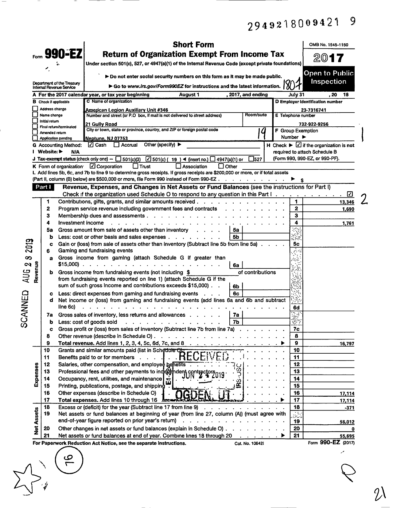 Image of first page of 2017 Form 990EO for American Legion Auxiliary Unit 346