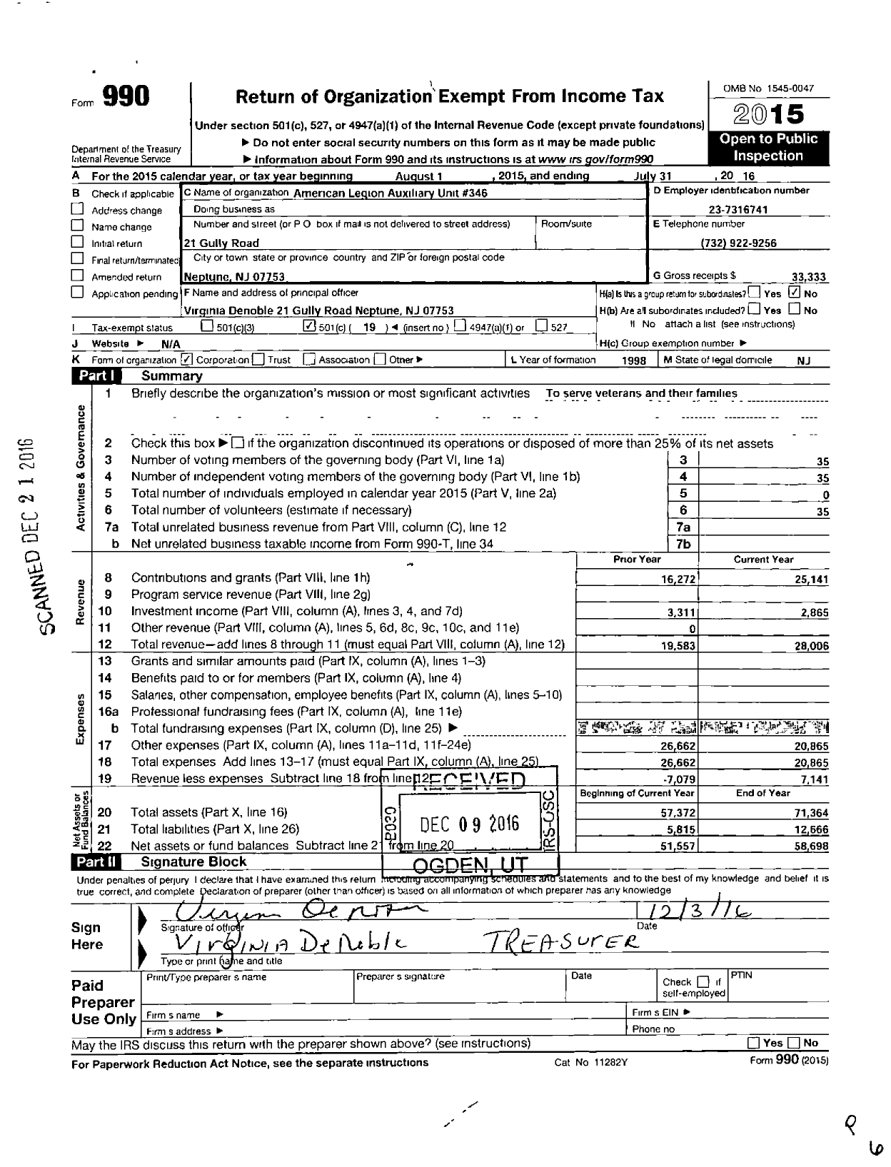 Image of first page of 2015 Form 990O for American Legion Auxiliary Unit 346