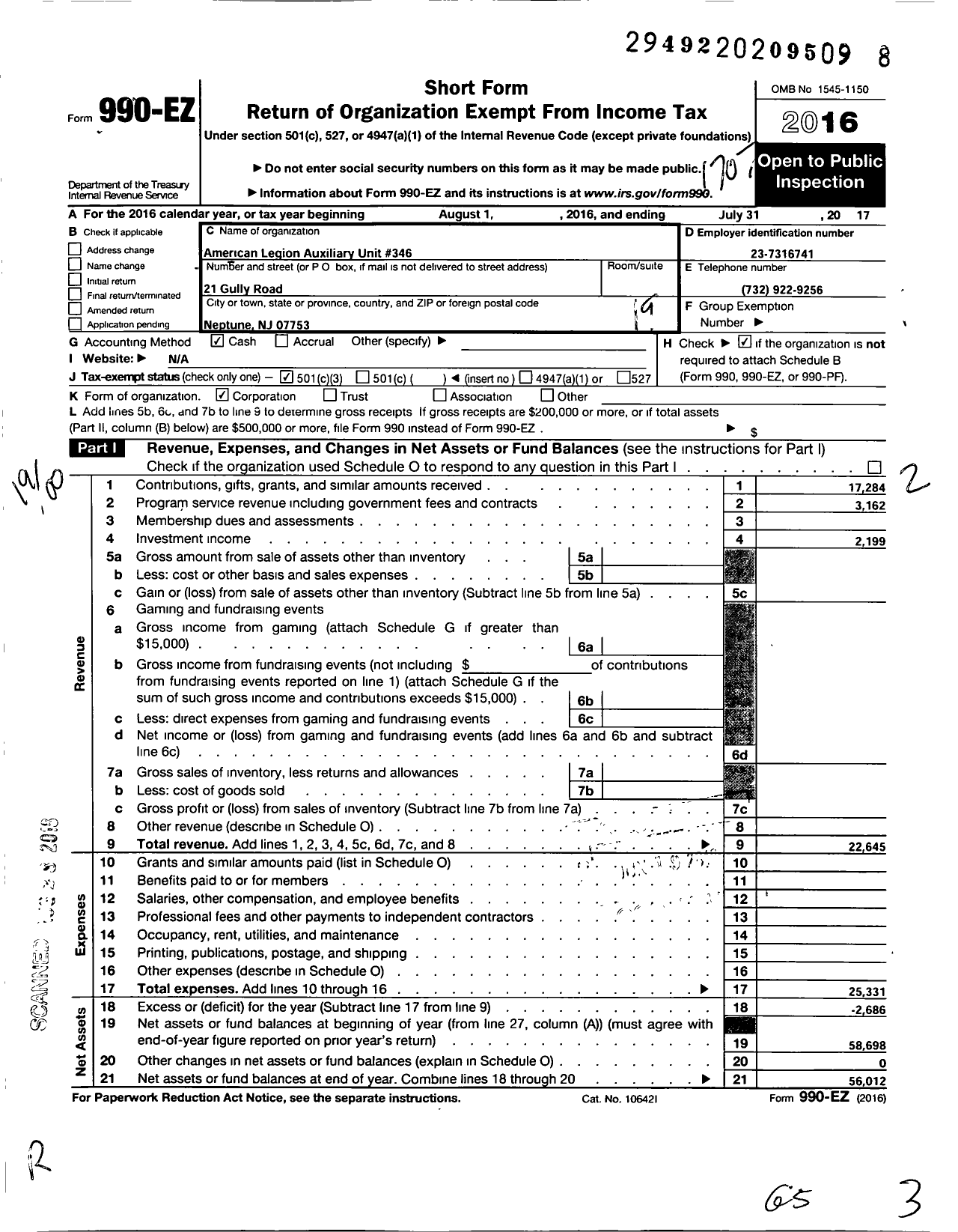 Image of first page of 2016 Form 990EO for American Legion Auxiliary Unit 346