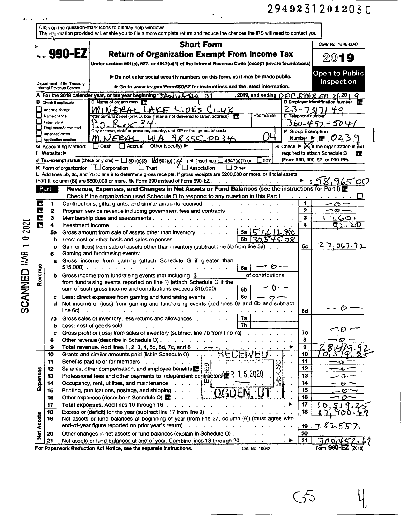 Image of first page of 2019 Form 990EO for Lions Clubs - 7692 Mineral Lake