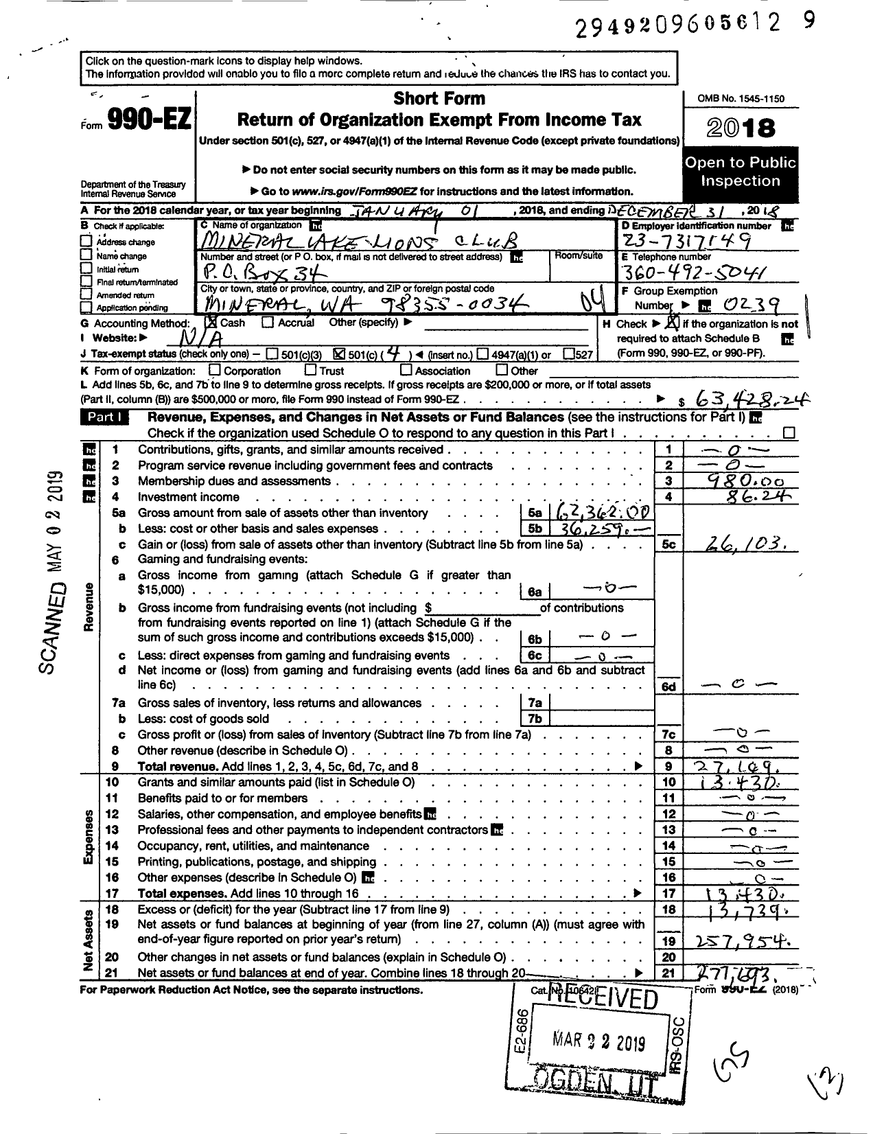 Image of first page of 2018 Form 990EO for Lions Clubs - 7692 Mineral Lake