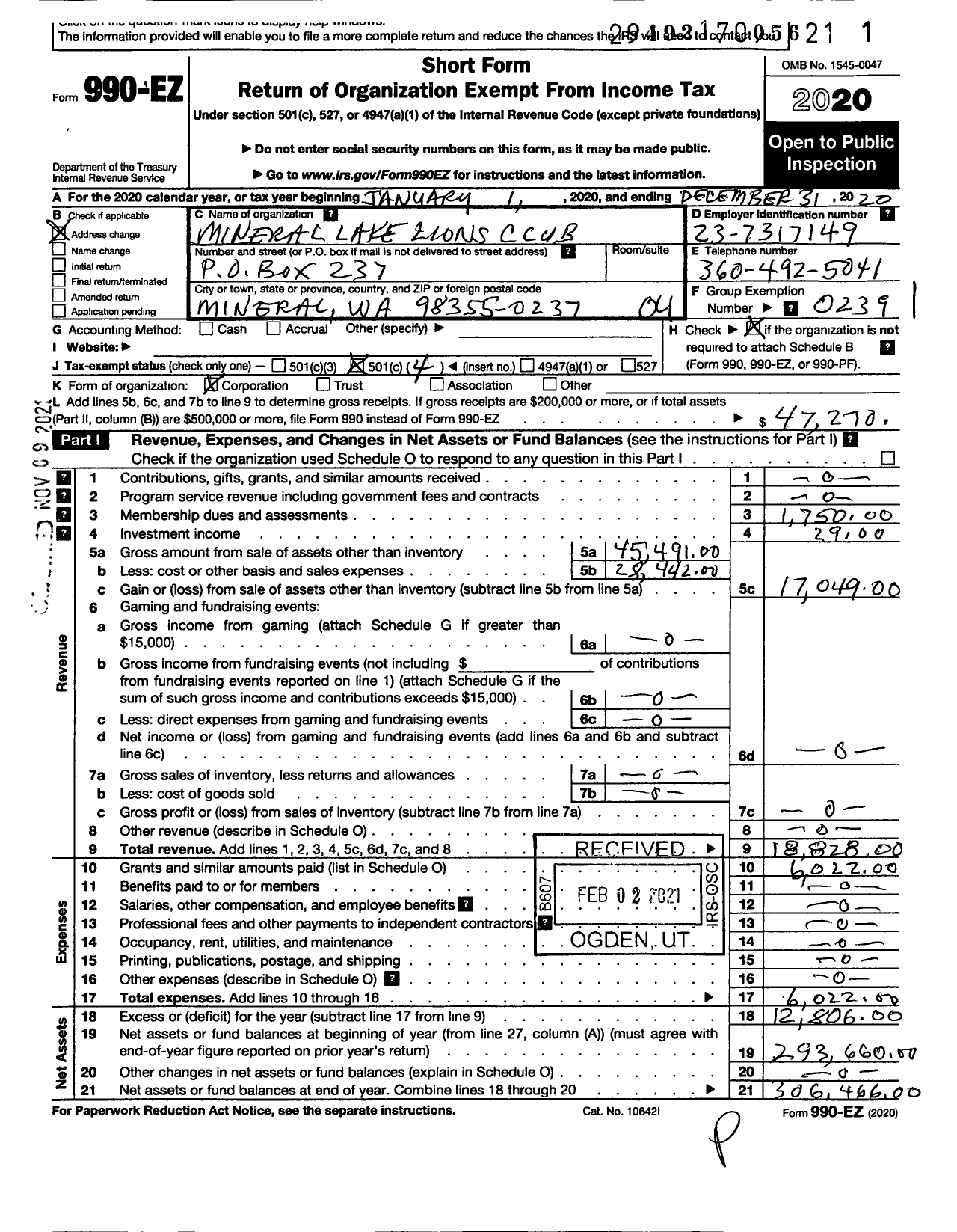 Image of first page of 2020 Form 990EO for Lions Clubs - 7692 Mineral Lake