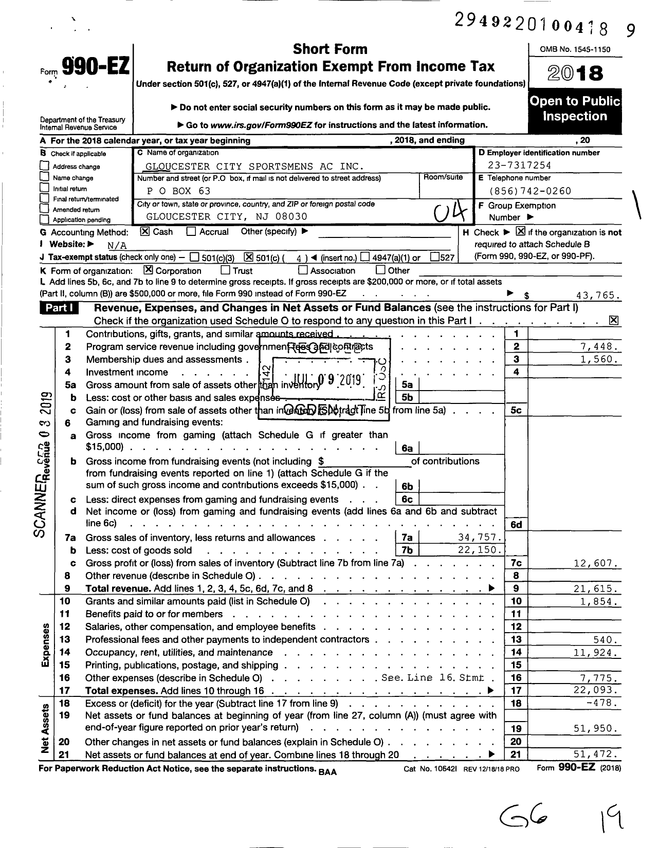 Image of first page of 2018 Form 990EO for Gloucester City Sportmens AC C