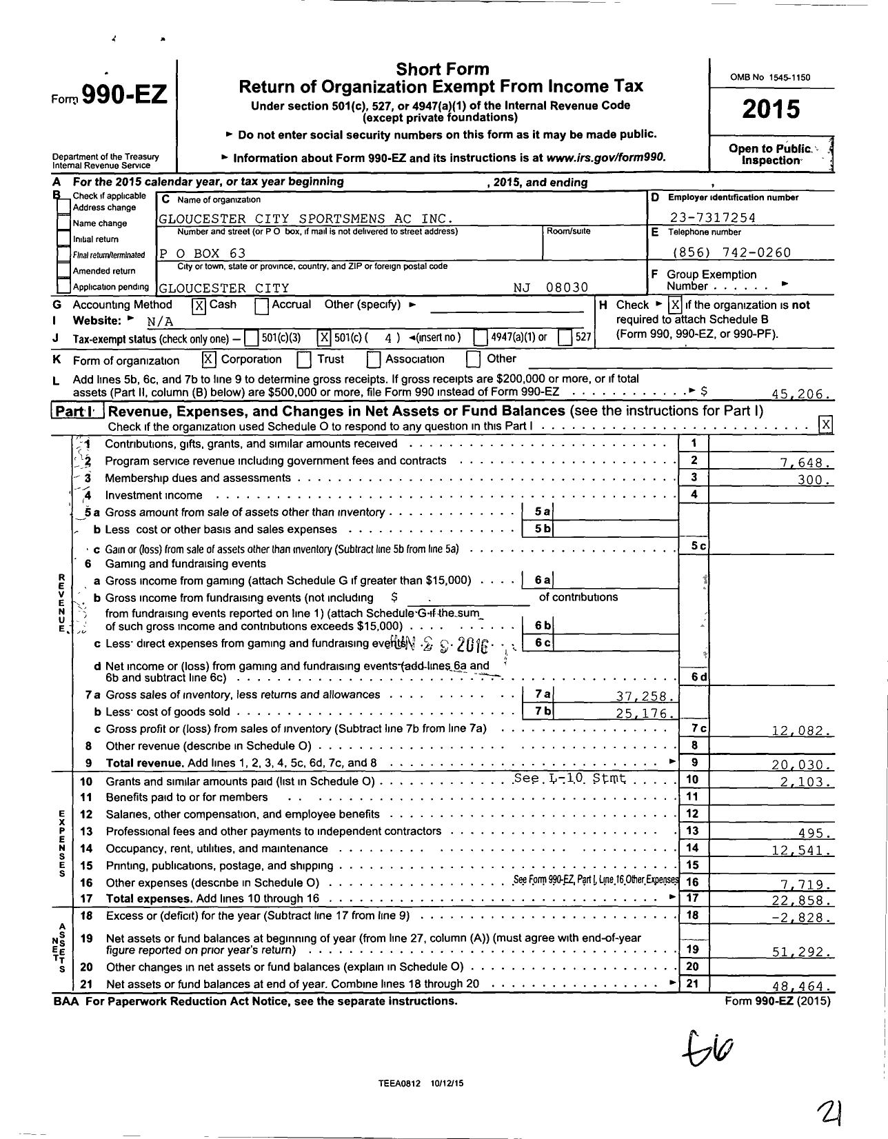 Image of first page of 2015 Form 990EO for Gloucester City Sportmens AC C