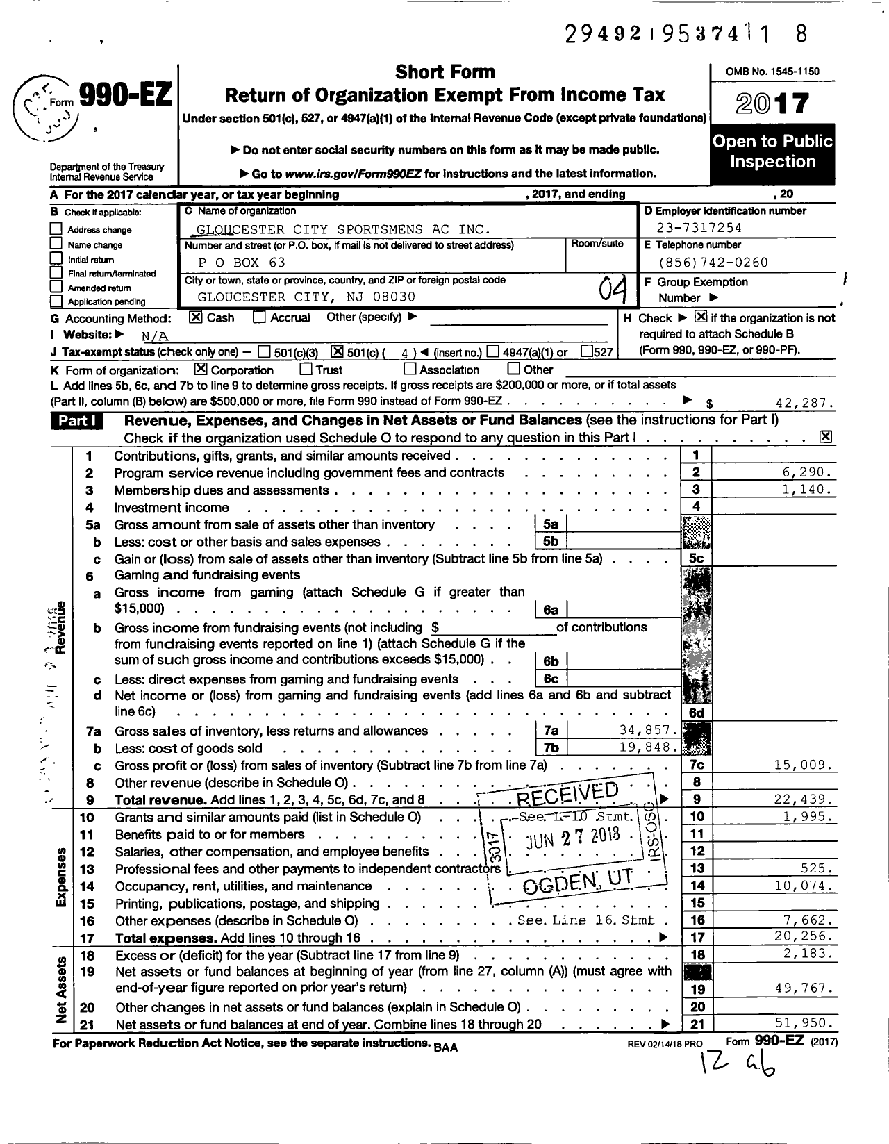 Image of first page of 2017 Form 990EO for Gloucester City Sportmens AC C