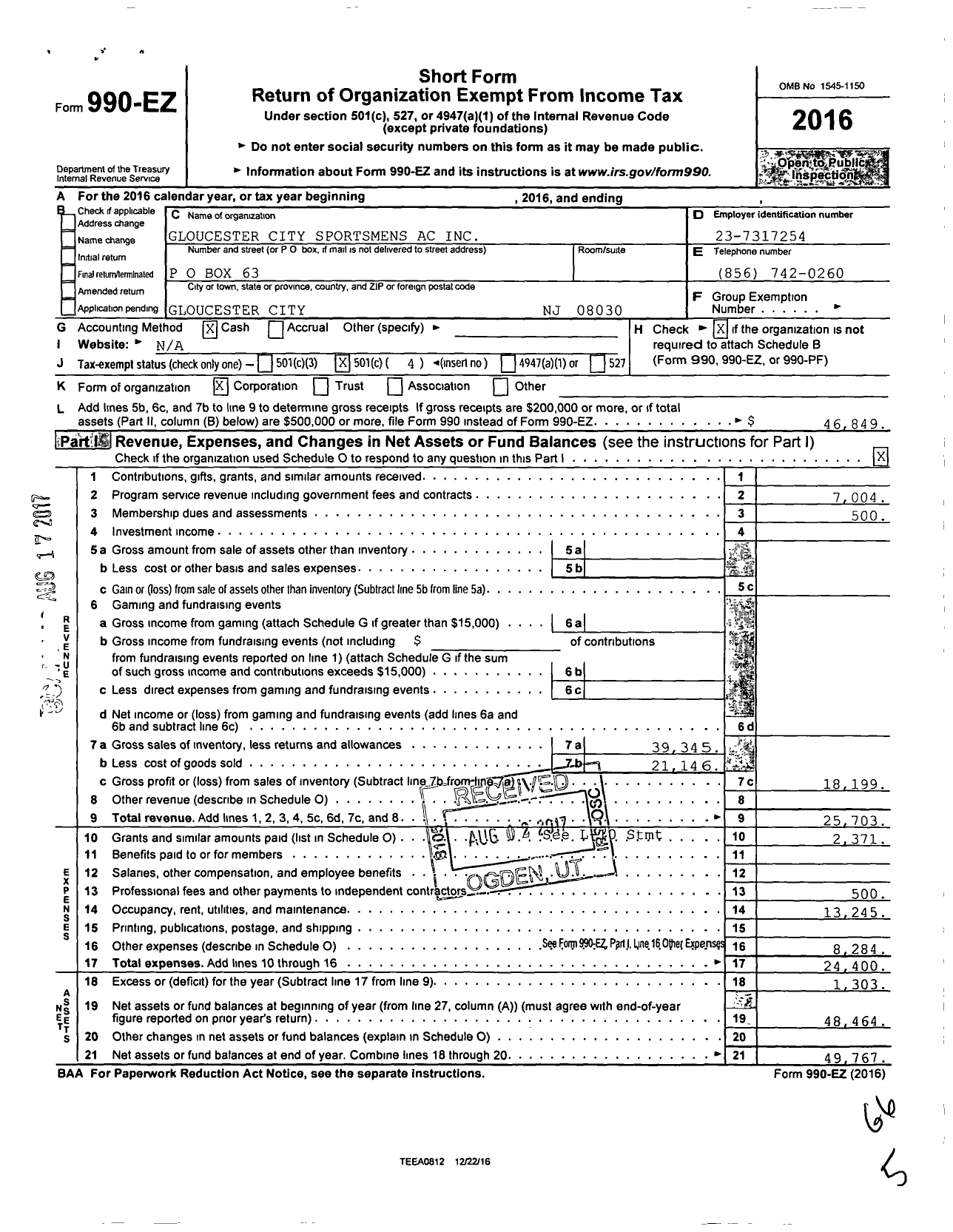 Image of first page of 2016 Form 990EO for Gloucester City Sportmens AC C