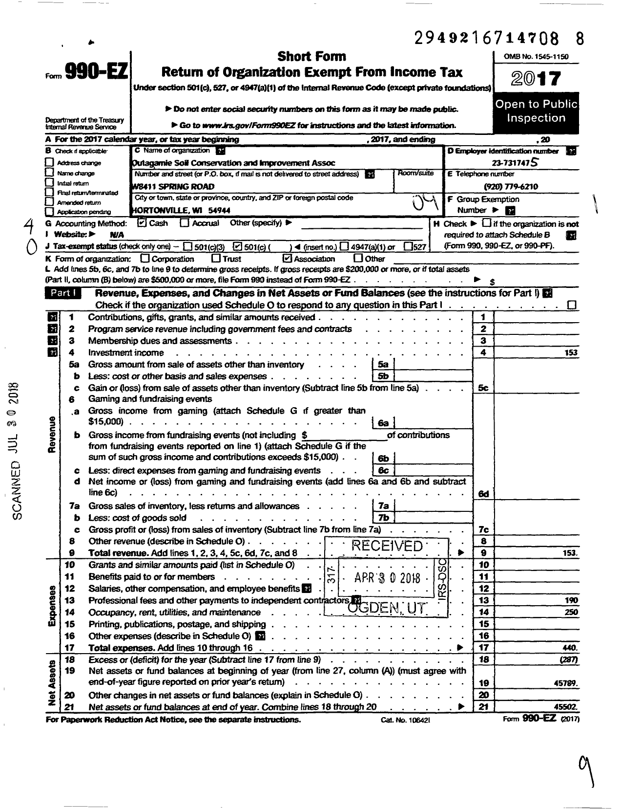 Image of first page of 2017 Form 990EO for Outagamie Soil Conservation and Improvement Association